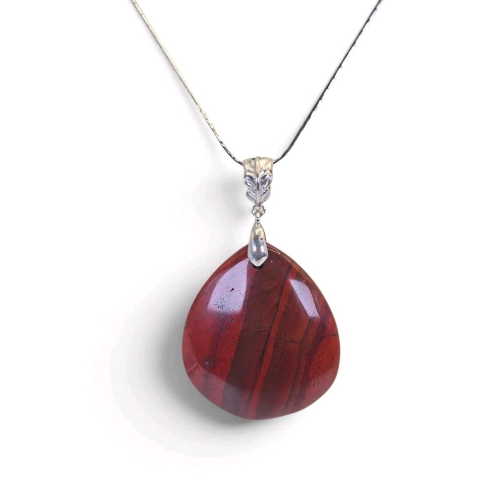 Large Red Banded Teardrop Pendant Necklace Silver Tone 20" Boho Statement - Picture 2 of 12
